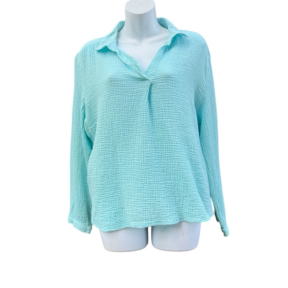 Chico’s Aqua Textured Gauze Long Sleeve Blouse